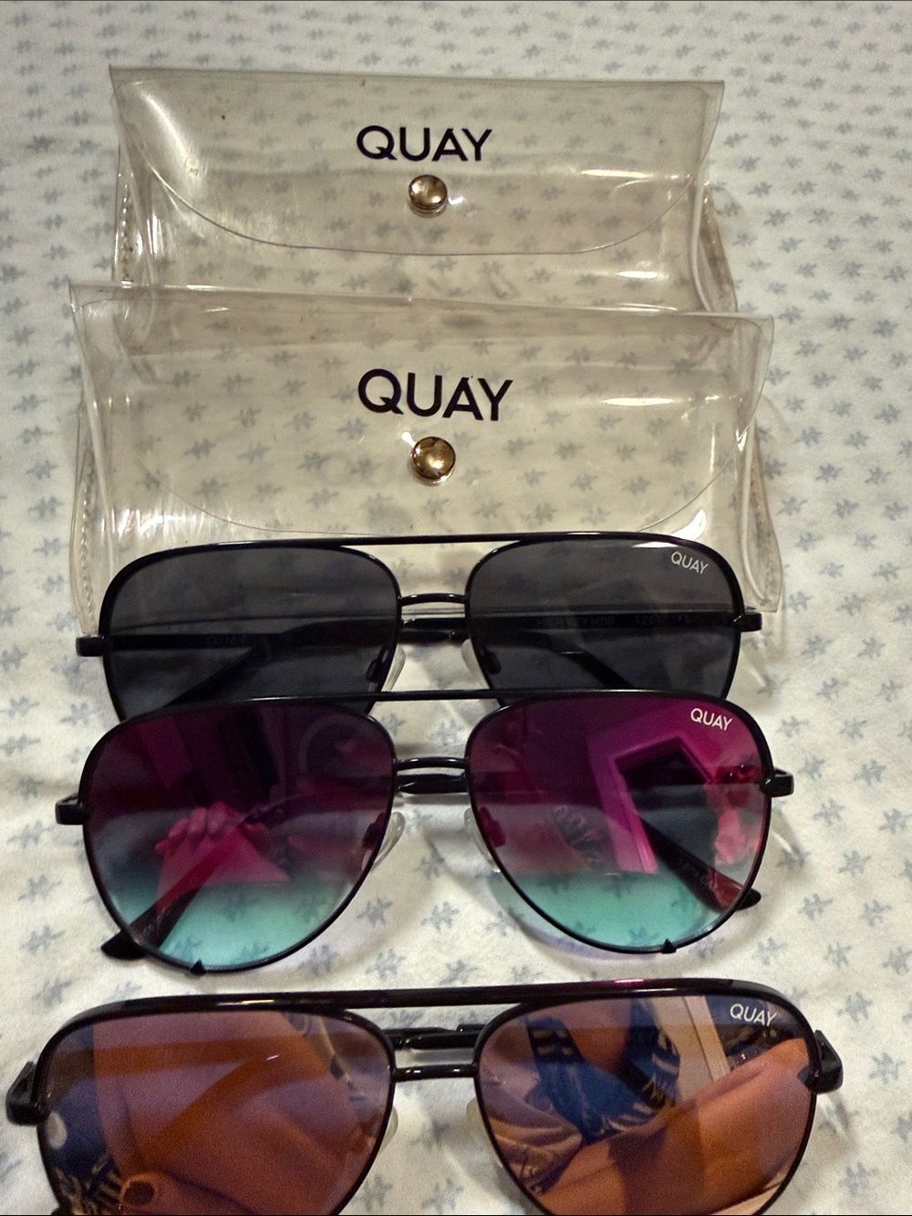 Quay Australia Black Frame Sunglasses with Gradient Pink-Teal and Brown Lenses